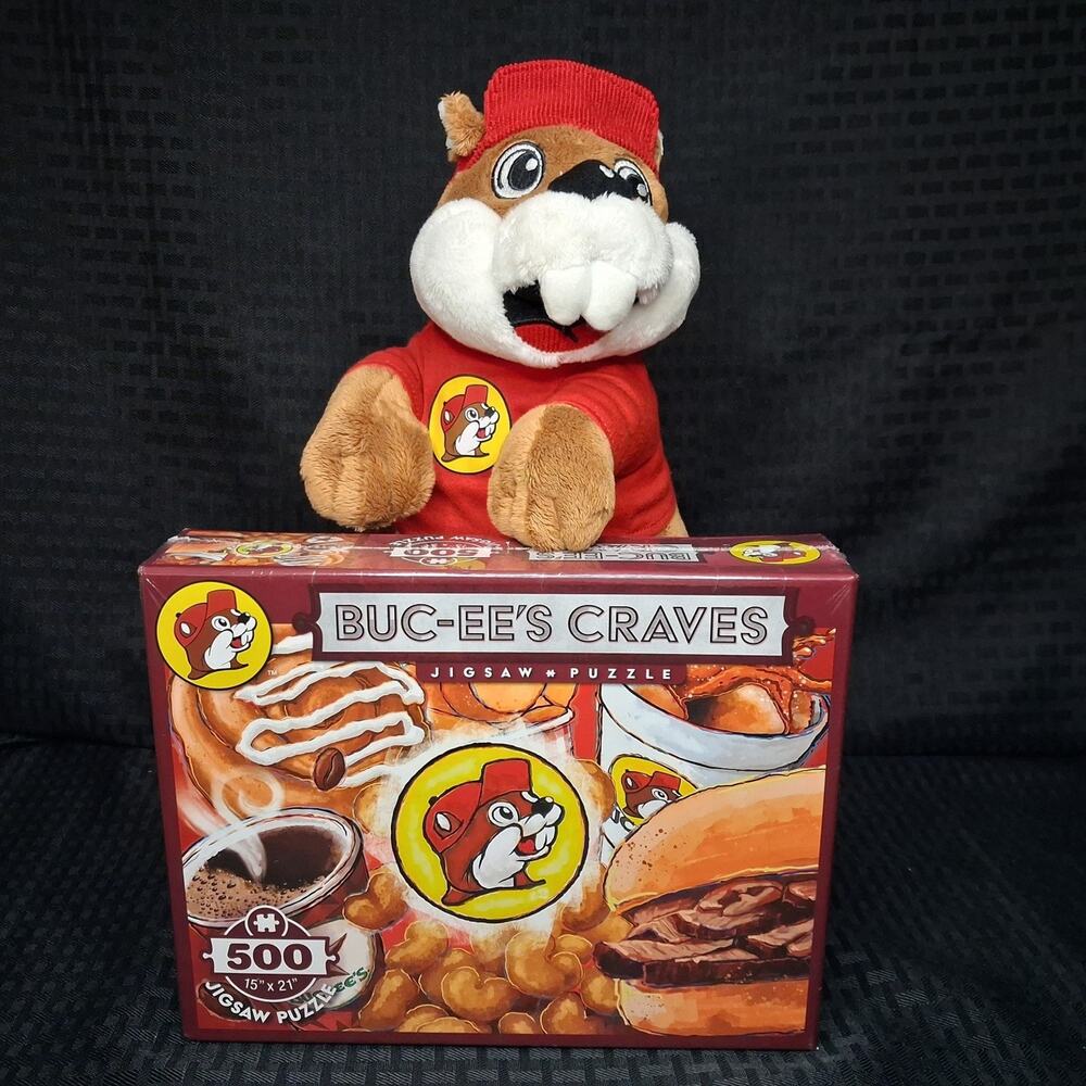 Buc-ees Craves 500 Piece Jigsaw Puzzle Food Burger Coffee and Buc-ees Plush Toy